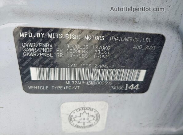 ML32AUHJ5NH000596 2022 MITSUBISHI MIRAGE White VIN sticker view