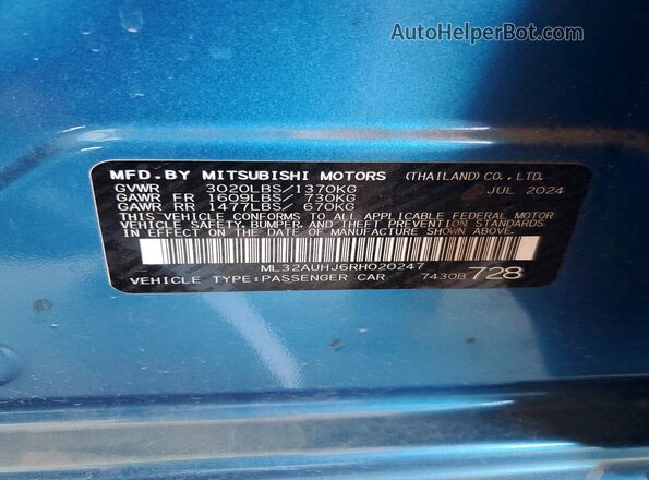 ML32AUHJ6RH020247 2024 MITSUBISHI MIRAGE Blue VIN კოდის სტიკერის ხედი