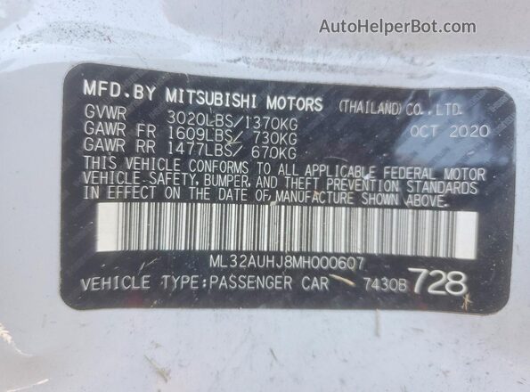 ML32AUHJ8MH000607 2021 MITSUBISHI MIRAGE White VIN sticker view
