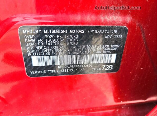 ML32AUHJ8MH002891 2021 MITSUBISHI MIRAGE Красный Вид подкапотного пространства
