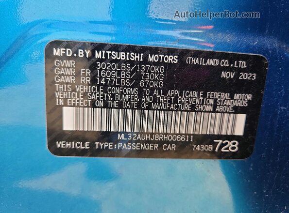 ML32AUHJ8RH006611 2024 MITSUBISHI MIRAGE Blue Вид підкапотного простору