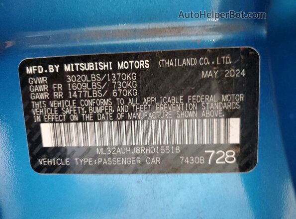 ML32AUHJ8RH015518 2024 MITSUBISHI MIRAGE Blue Вид наклейки з VIN-кодом
