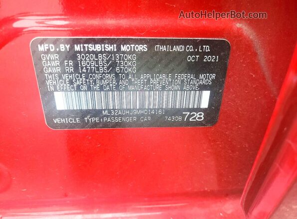 ML32AUHJ9MH014161 2021 MITSUBISHI MIRAGE Красный Вид наклейки с VIN-кодом