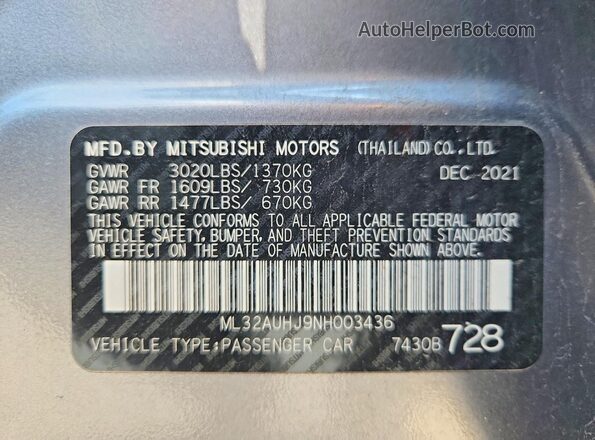 ML32AUHJ9NH003436 2022 MITSUBISHI MIRAGE Gray Вид підкапотного простору