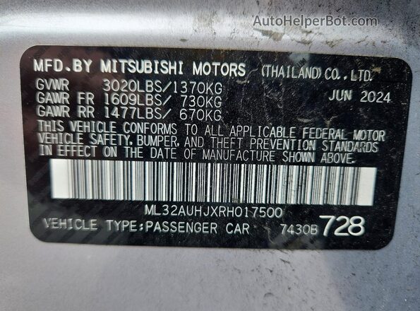 ML32AUHJXRH017500 2024 MITSUBISHI MIRAGE Silver Вид підкапотного простору