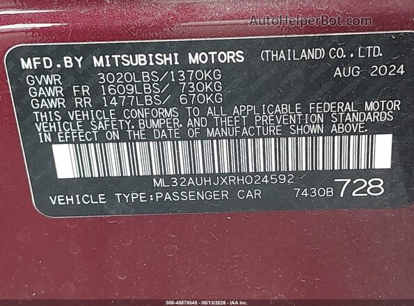 ML32AUHJXRH024592 2024 MITSUBISHI MIRAGE Red Շարժիչի բաժամունքի տեսք