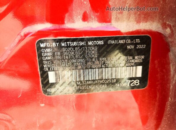 ML32AWHJXPH002939 2023 MITSUBISHI MIRAGE Maroon VIN კოდის სტიკერის ხედი