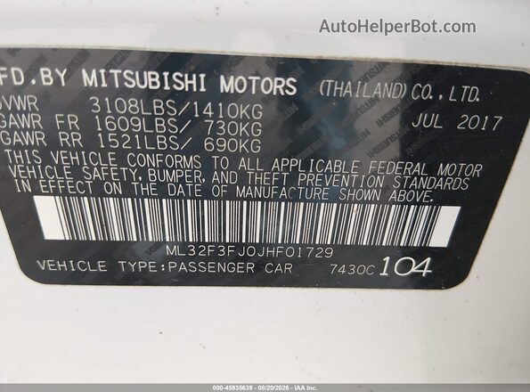 ML32F3FJ0JHF01729 2018 MITSUBISHI MIRAGE G4 White Շարժիչի բաժամունքի տեսք