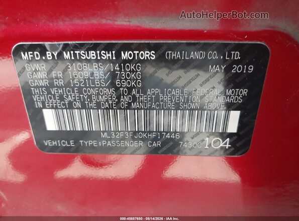 ML32F3FJ0KHF17446 2019 MITSUBISHI MIRAGE G4 Red Widok komory silnika