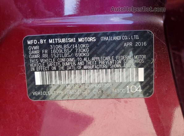 ML32F3FJ3HH003208 2017 MITSUBISHI MIRAGE Maroon 
