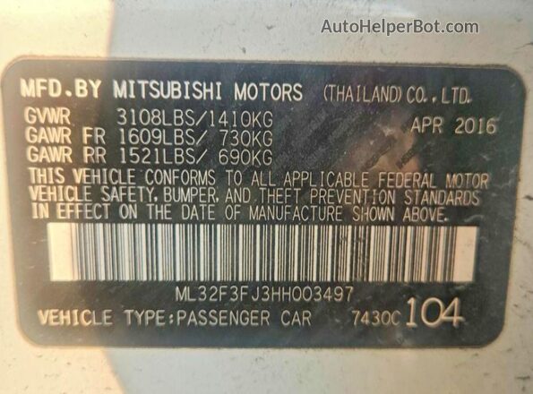 ML32F3FJ3HH003497 2017 MITSUBISHI MIRAGE White Widok komory silnika