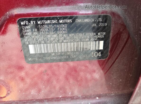 ML32F3FJ3KHF18610 2019 MITSUBISHI MIRAGE Burgundy Вид підкапотного простору