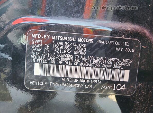 ML32F3FJ4KHF16834 2019 MITSUBISHI MIRAGE Black VIN კოდის სტიკერის ხედი