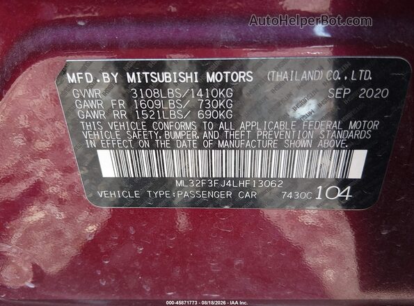 ML32F3FJ4LHF13062 2020 MITSUBISHI MIRAGE G4 Maroon Вид підкапотного простору