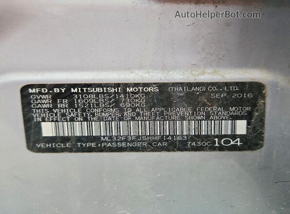 ML32F3FJ5HHF14163 2017 MITSUBISHI MIRAGE Silver ძრავის განყოფილების ხედი
