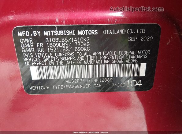 ML32F3FJ7LHF12889 2020 MITSUBISHI MIRAGE G4 Red Շարժիչի բաժամունքի տեսք