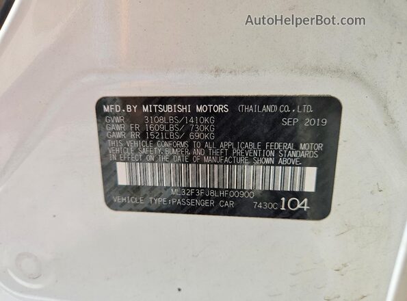 ML32F3FJ8LHF00900 2020 MITSUBISHI MIRAGE White Engine compartment view