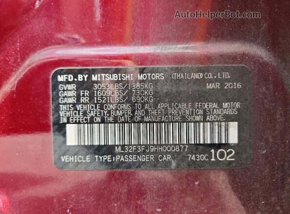 ML32F3FJ9HH000877 2017 MITSUBISHI MIRAGE Purple VIN კოდის სტიკერის ხედი