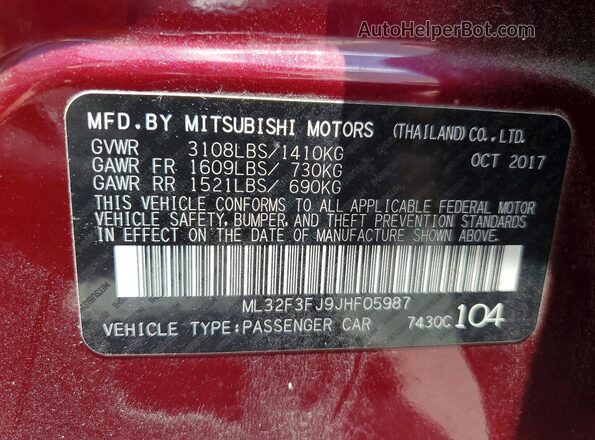 ML32F3FJ9JHF05987 2018 MITSUBISHI MIRAGE Burgundy VIN sticker view