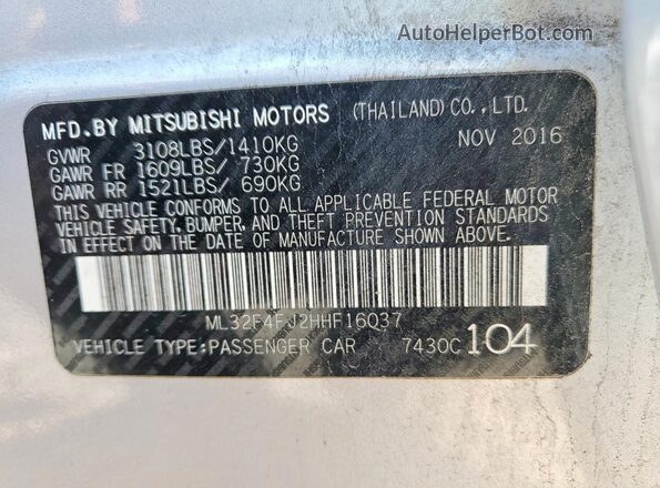 ML32F4FJ2HHF16037 2017 MITSUBISHI MIRAGE Серый Вид наклейки с VIN-кодом