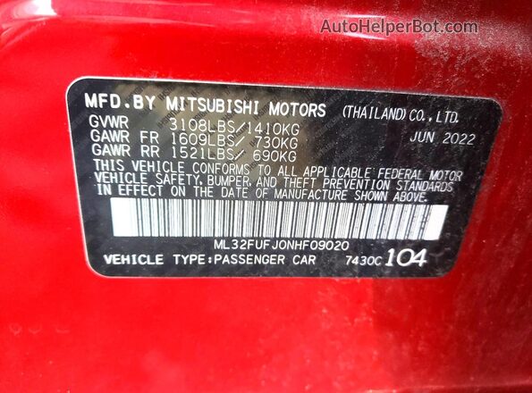 ML32FUFJ0NHF09020 2022 MITSUBISHI MIRAGE Red Engine compartment view