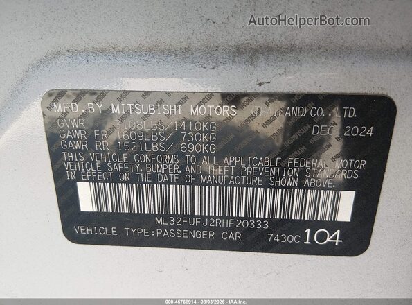 ML32FUFJ2RHF20333 2024 MITSUBISHI MIRAGE G4 White Vista del compartimento del motor