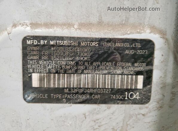 ML32FUFJ4RHF03727 2024 MITSUBISHI MIRAGE White Вид підкапотного простору