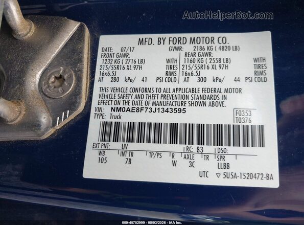 NM0AE8F73J1343595 2018 FORD TRANSIT CONNECT Dark Blue Вид підкапотного простору