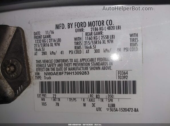 NM0AE8F79H1309283 2017 FORD TRANSIT CONNECT White Vista del compartimento del motor