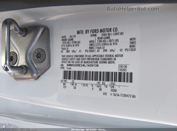 NM0GS9E24L1439138 2020 FORD TRANSIT CONNECT Белый Вид подкапотного пространства