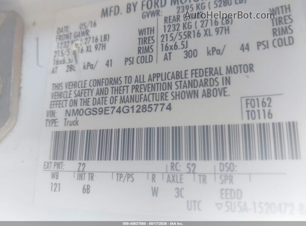 NM0GS9E74G1285774 2016 FORD TRANSIT CONNECT White Widok komory silnika