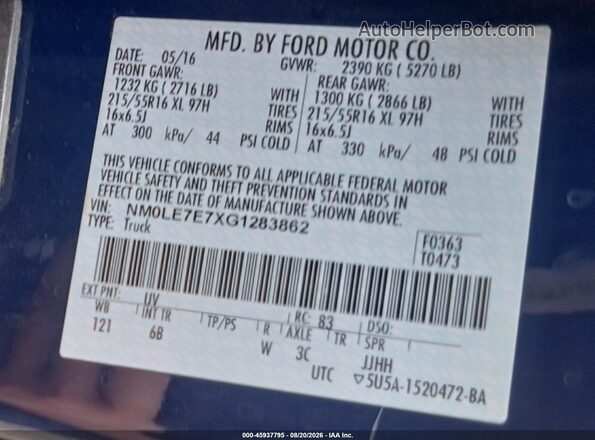 NM0LE7E7XG1283862 2016 FORD TRANSIT CONNECT Blue Vista de la etiqueta del VIN