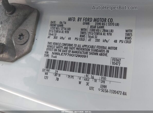 NM0LE7F70G1290091 2016 FORD TRANSIT CONNECT White Vista del compartimento del motor