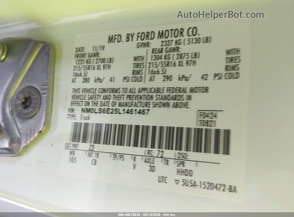 NM0LS6E25L1461467 2020 FORD TRANSIT CONNECT Белый Вид подкапотного пространства