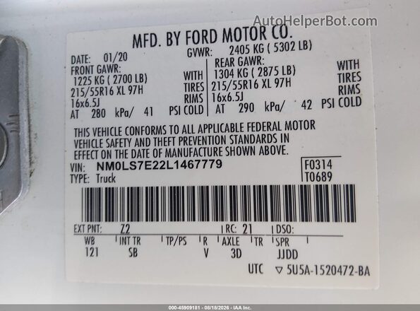 NM0LS7E22L1467779 2020 FORD TRANSIT CONNECT White ძრავის განყოფილების ხედი