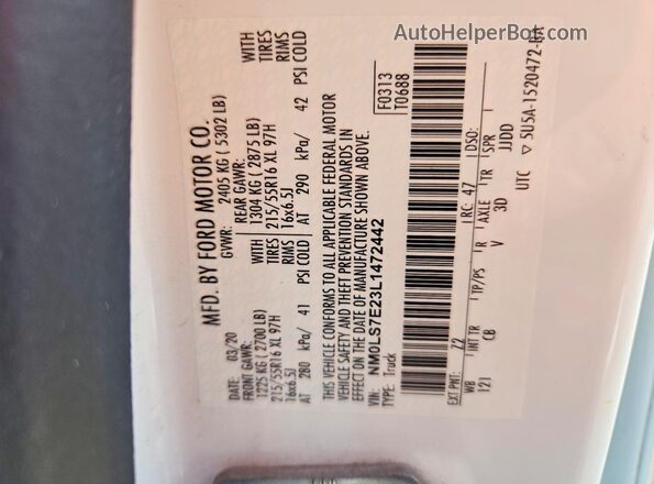 NM0LS7E23L1472442 2020 FORD TRANSIT White Widok naklejki z numerem VIN