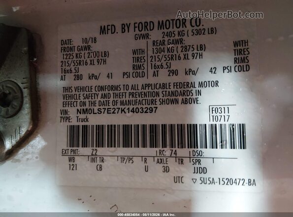 NM0LS7E27K1403297 2019 FORD TRANSIT CONNECT White Engine compartment view