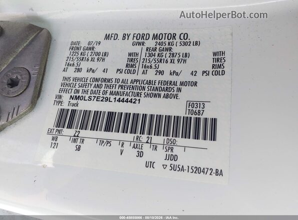 NM0LS7E29L1444421 2020 FORD TRANSIT CONNECT White ძრავის განყოფილების ხედი
