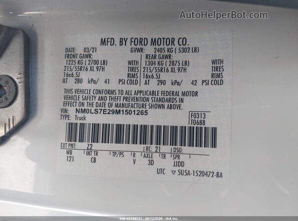 NM0LS7E29M1501265 2021 FORD TRANSIT CONNECT White Engine compartment view