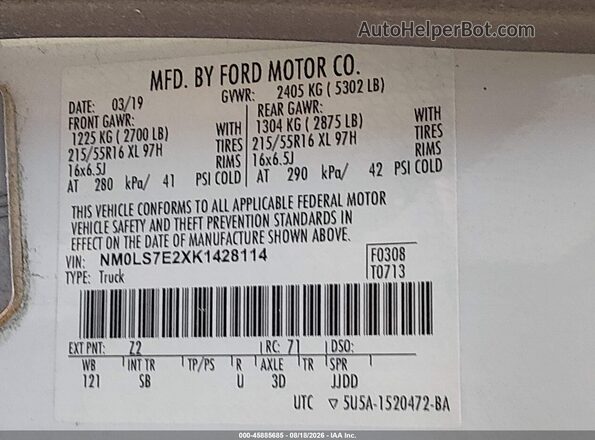 NM0LS7E2XK1428114 2019 FORD TRANSIT CONNECT White Tył prawy