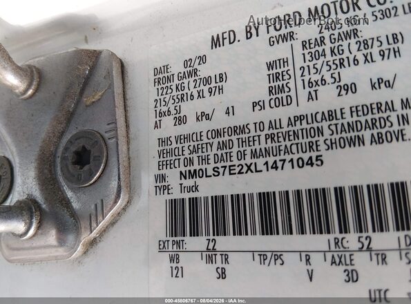 NM0LS7E2XL1471045 2020 FORD TRANSIT CONNECT White Widok komory silnika
