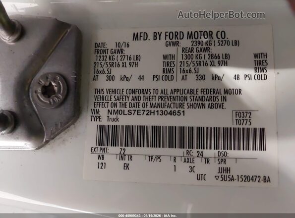 NM0LS7E72H1304651 2017 FORD TRANSIT CONNECT White Շարժիչի բաժամունքի տեսք