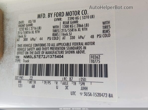 NM0LS7E72J1375404 2018 FORD TRANSIT CONNECT White Vista del compartimento del motor