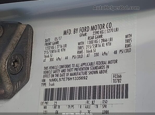NM0LS7E76H1335692 2017 FORD TRANSIT CONNECT White Vista del compartimento del motor