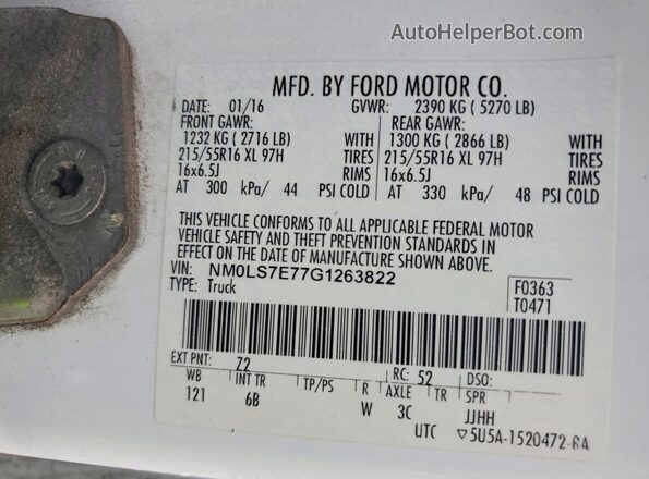 NM0LS7E77G1263822 2016 FORD TRANSIT White Вид наклейки з VIN-кодом