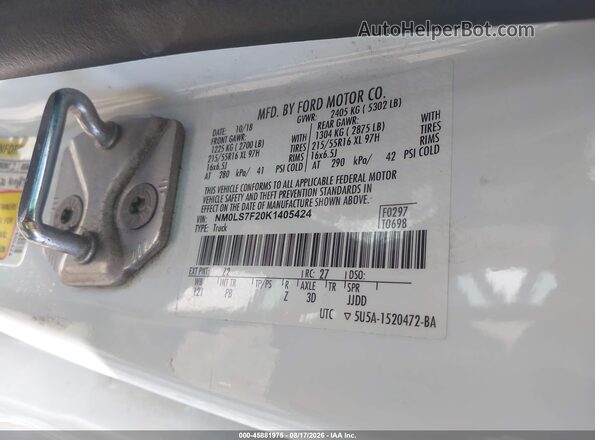 NM0LS7F20K1405424 2019 FORD TRANSIT CONNECT White Vista del compartimento del motor