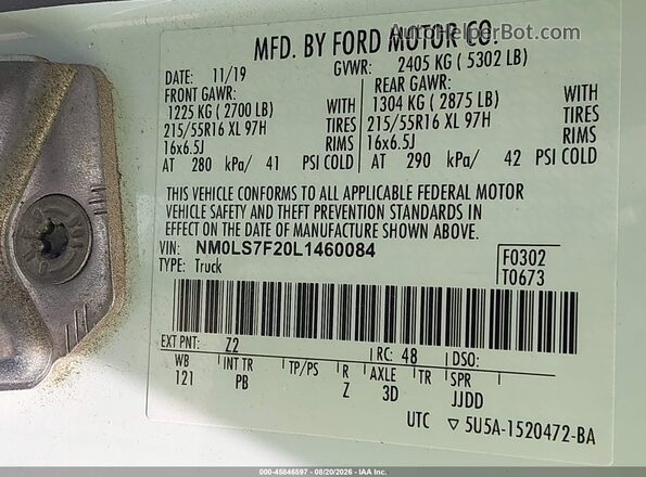 NM0LS7F20L1460084 2020 FORD TRANSIT CONNECT White Вид підкапотного простору