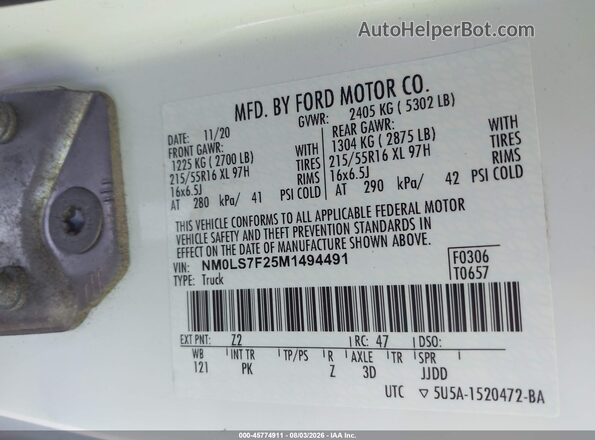 NM0LS7F25M1494491 2021 FORD TRANSIT CONNECT Белый Вид подкапотного пространства