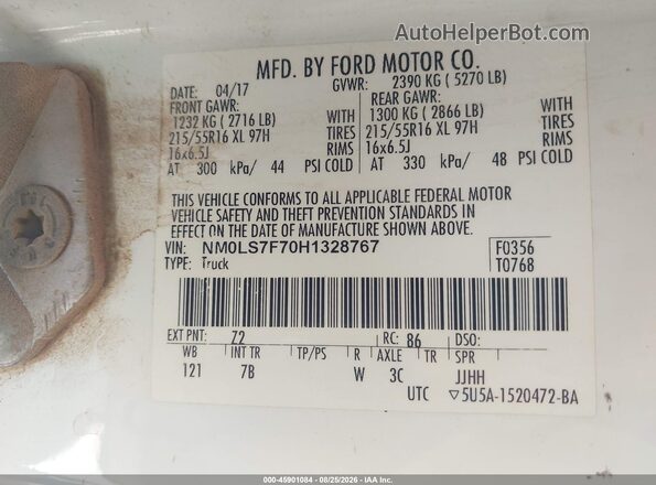 NM0LS7F70H1328767 2017 FORD TRANSIT CONNECT White Vista de la etiqueta del VIN