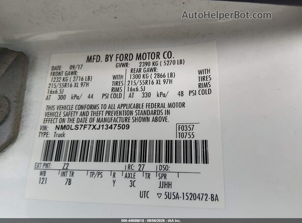 NM0LS7F7XJ1347509 2018 FORD TRANSIT CONNECT Белый Вид подкапотного пространства